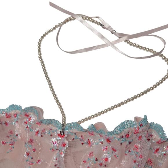 Victoria's Secret Cherry Blossom Embroidery Pearl Halter Teddy Size Large - Picture 6 of 7